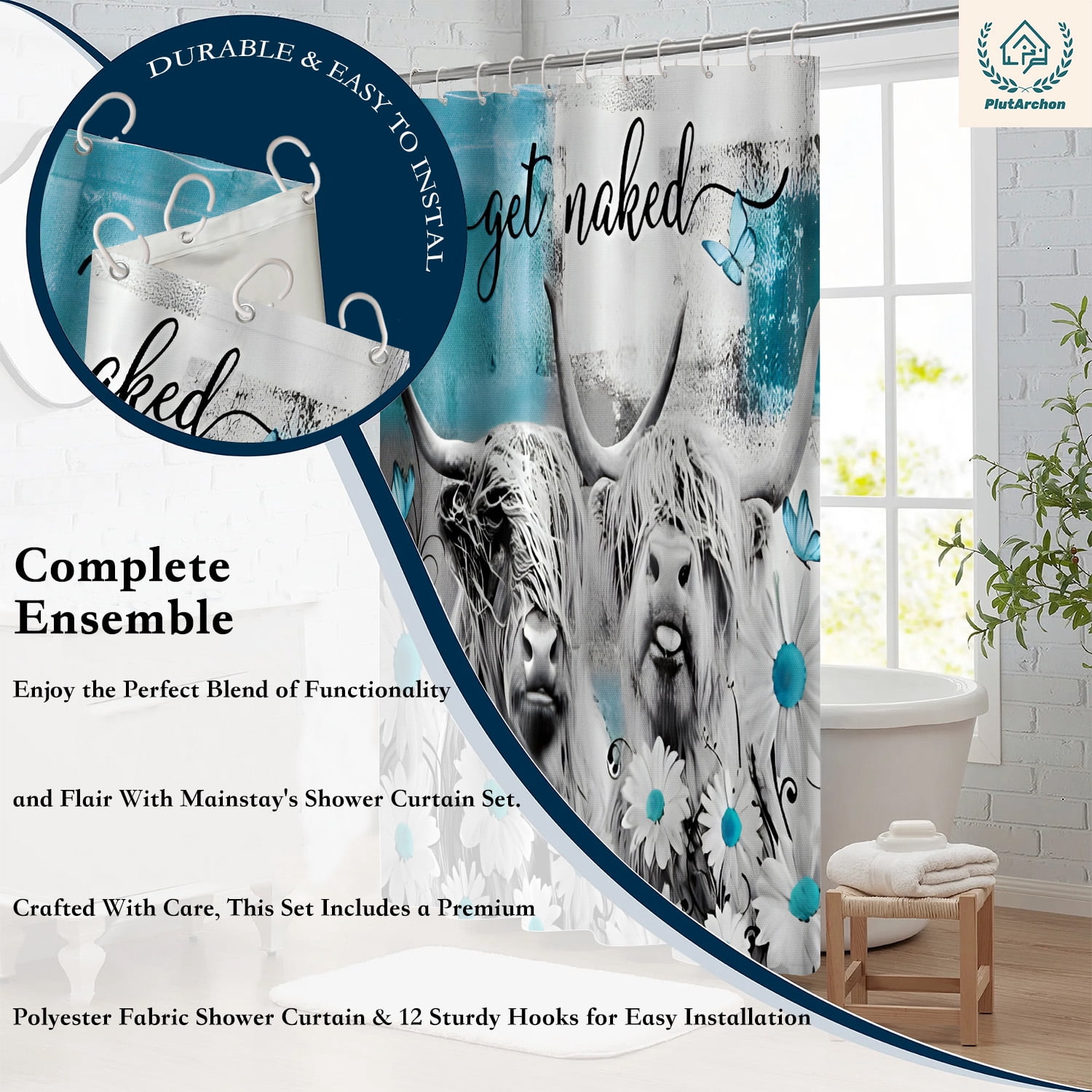 PLUTARCHON 1pc Playful Highland Cow Bathroom Set - Turquoise Fabric Shower Curtain & Rug, Get Naked Funny Modern Decor, 70.8"x70.8"