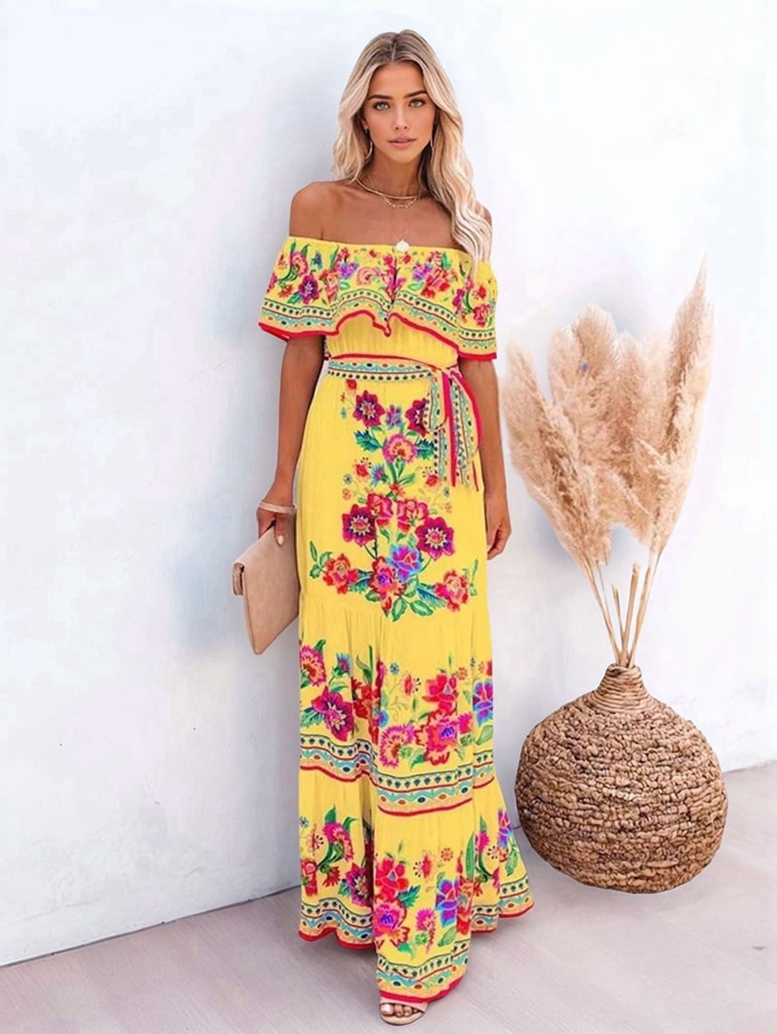 Women'S Mexican Dress Summer Floral Print Off the Shoulder Sleeveless Beach Long Maxi Dress Gold XXL