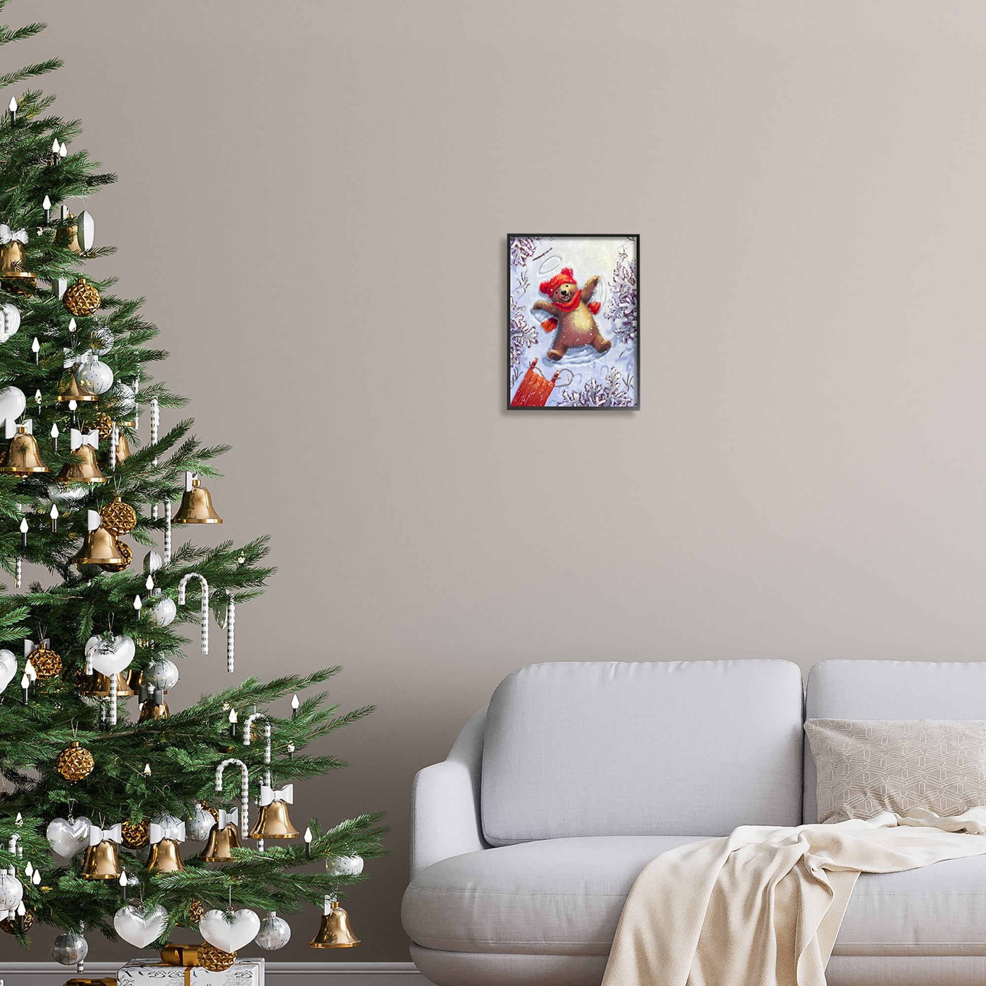 Stupell Industries Bear Cub Snow Angel Sled Holiday Painting Black Framed Art Print Wall Art