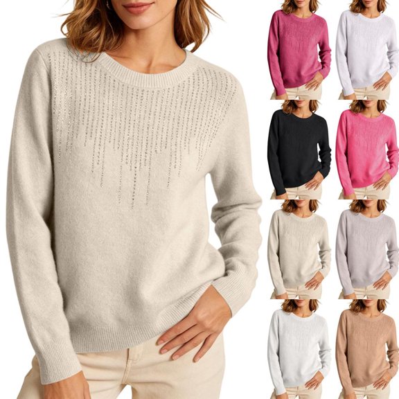 Bxsruta Womens Pullover Sweater Long Sleeve Rhinestone Embellished Crew Neck Casual Knit Top
