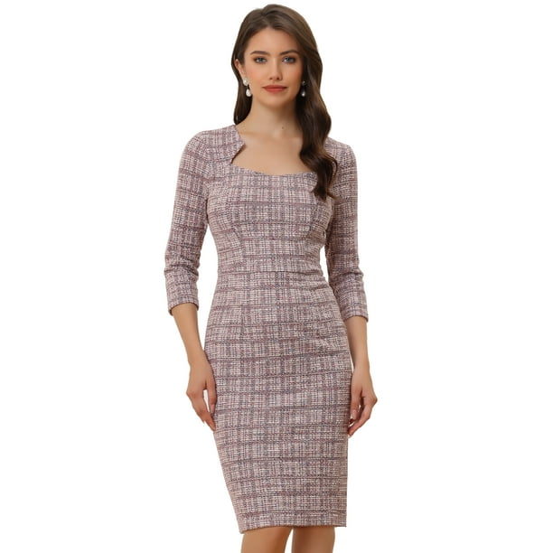 Vestido de Trabajo Elegante para Mujer Vestido Ajustado de Tela de Cuadros de Manga 3/4 Rosa L
