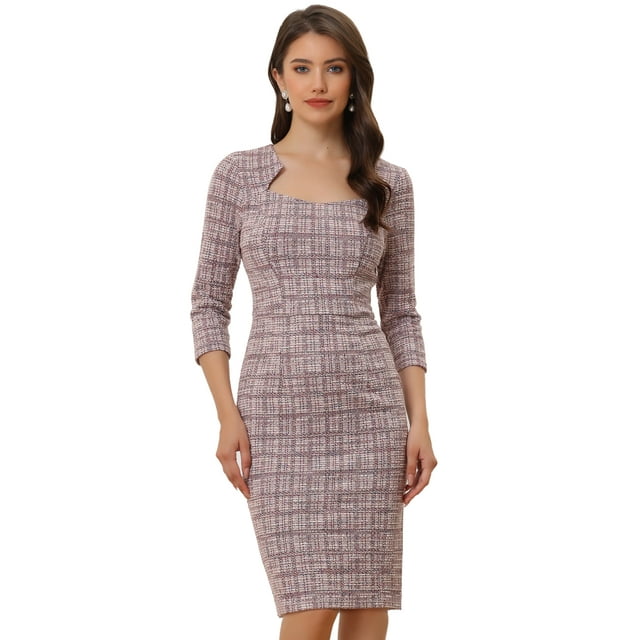 Vestido de Trabajo Elegante para Mujer Vestido Ajustado de Tela de Cuadros de Manga 3/4 Rosa L