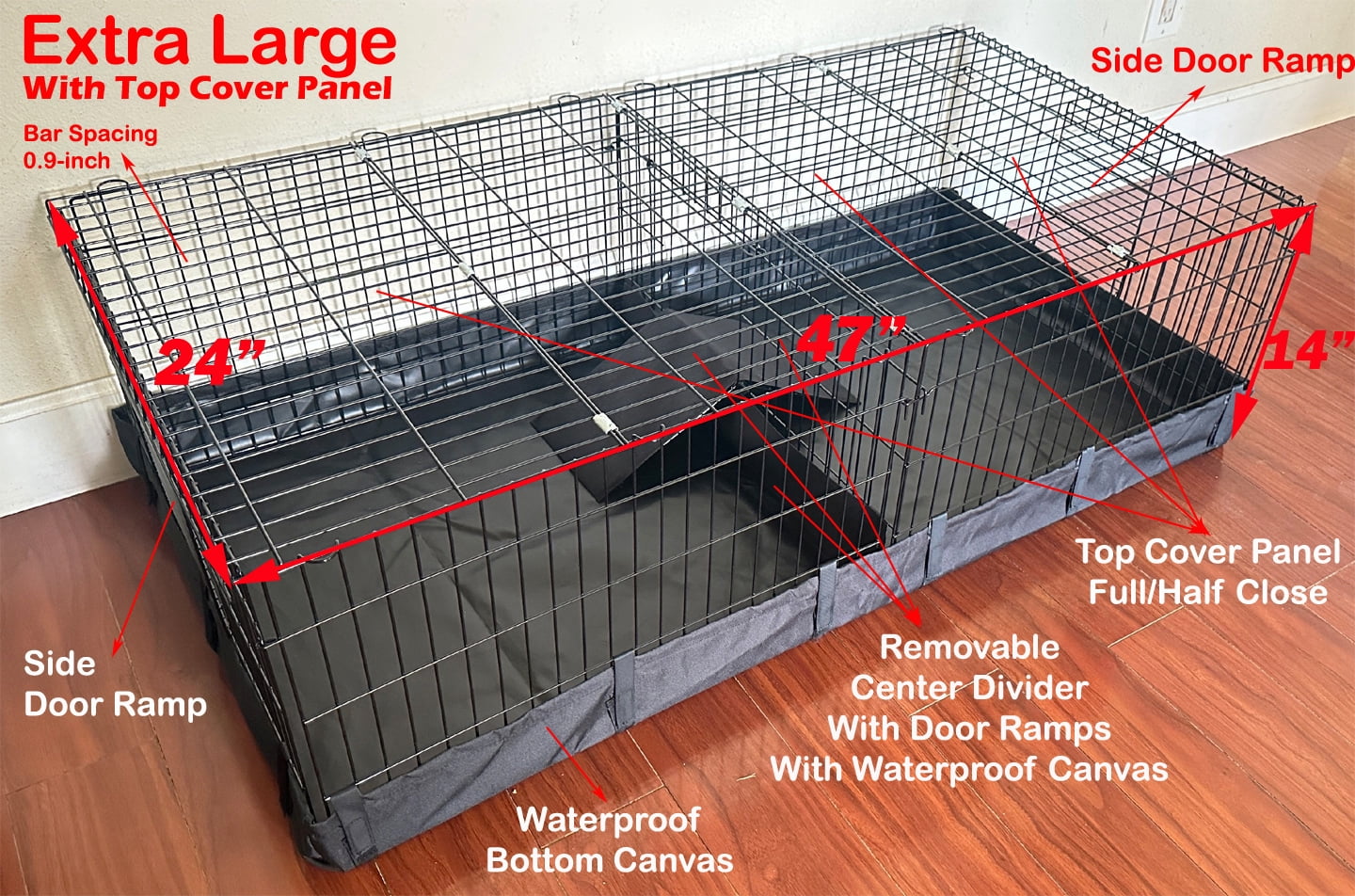 EXTRA LARGE 47" Guinea Pig Habitat Hamster Critters Rabbit Playpen With TOP COVER, Canvas Bottom, Center Divider Access Door Ramp Mouse Mice Gerbil Hedgehog Bunny Enclosure