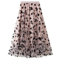 SWSMCLT Women's Maxi Pleated Skirt Soft Floral Elastic Waist Flowy Casual Party Long Tulle Skirt Overlay Mesh Swing Pink Small-X-Large