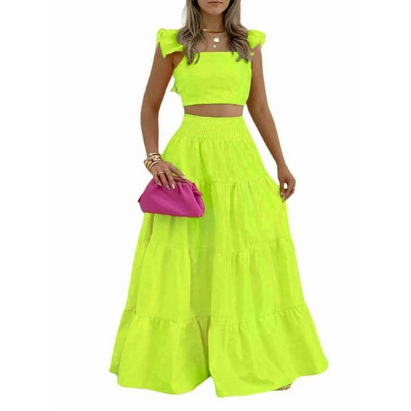 Women'S 2 Piece Outfits Spaghetti Strap Crop Top and Smocked Waist Ruffle Swing Long Skirt Set Green M