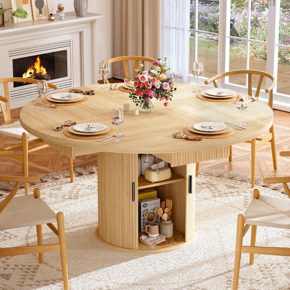 Tomnk Round Dining Table for 4-6, 47.2" Modern Kitchen Table with 4 Drawers and 2-Tier Storage Shelf, Wooden Circle Dinner Table for Living Room, Oak