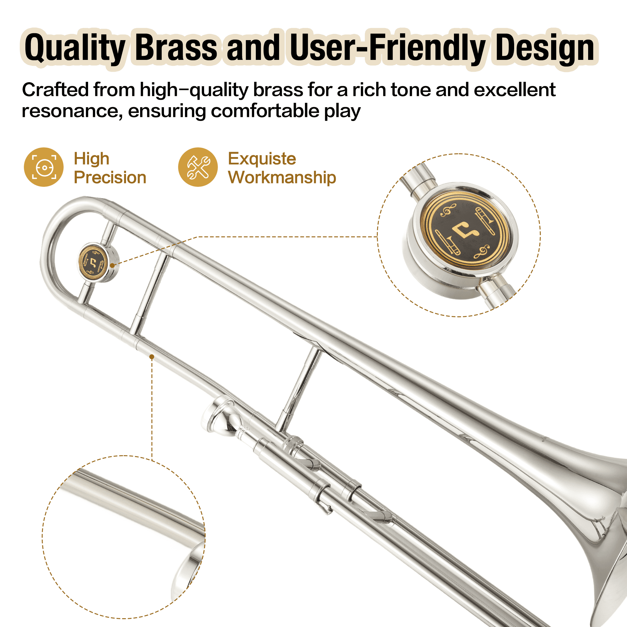 Bb Tenor Slide Trombone, B Flat Brass Plated Trombone Instrument for Students with Tuner, Music Book, Hard Case, Mouthpiece, Cleaning Kit & Gloves (Nickel-Plated)