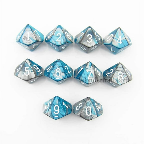 Steel and Teal Gemini Dice with White Numbers D10 16mm (5/8in) Pack of 10 Dice Chessex