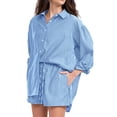 thumbnail image 4 of JULMCOMO 2 Piece Sets for Women Striped Button Down Long Sleeve Shirts Drawstring Wide Leg Summer Shorts Cruise Lounge Outfits Dark Blue XL, 4 of 6