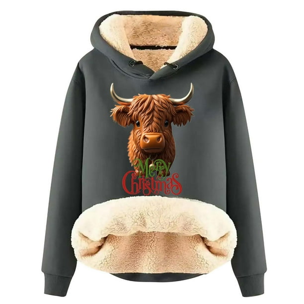 WILLBEST Sudadera Deportiva para Mujer con Capucha y Estampado Navideño de Vaca X-Grande