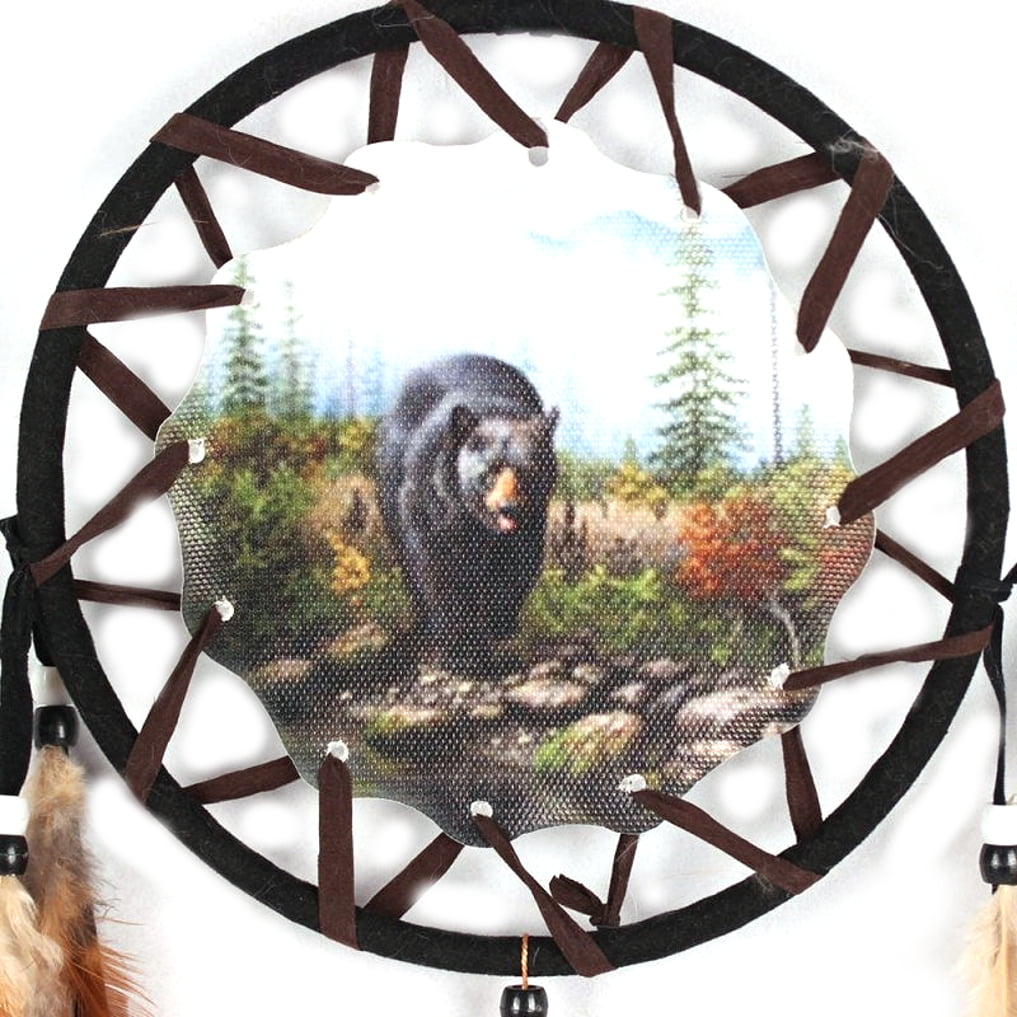 13" Black Bear Forest Woods Dream Catcher Wall Hang Decor Feathers Beads 1370 