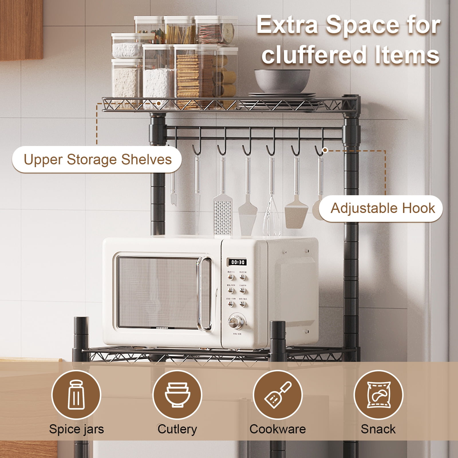 2-Tier Mini Fridge Storage Shelf Mini Fridge & Microwave Stand, Adjustable Metal Organizer Storage Rack with 7Hooks, Multifunctional Bakers Rack Coffee Bar Table for Kitchen Office Dorms Bedroom