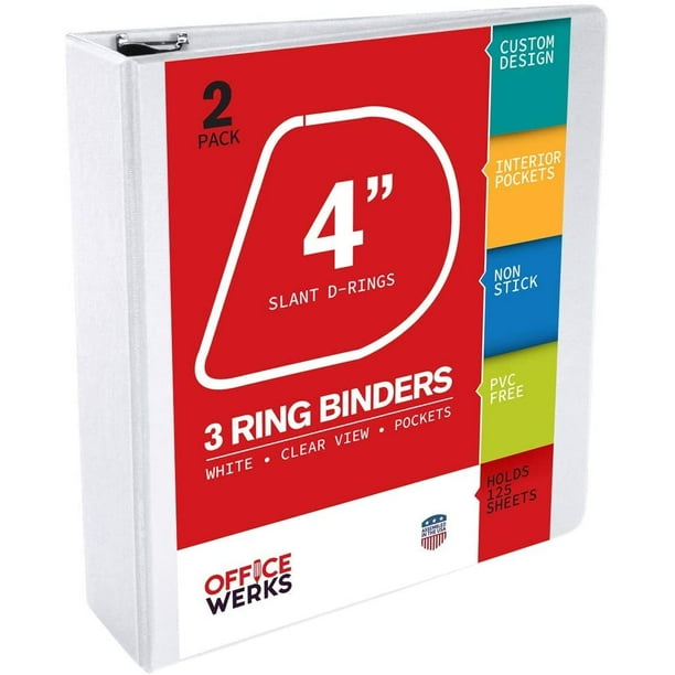 Three Ring Binder, 2 Pack 3 Ring View Binders, 4 inch, White,Clear