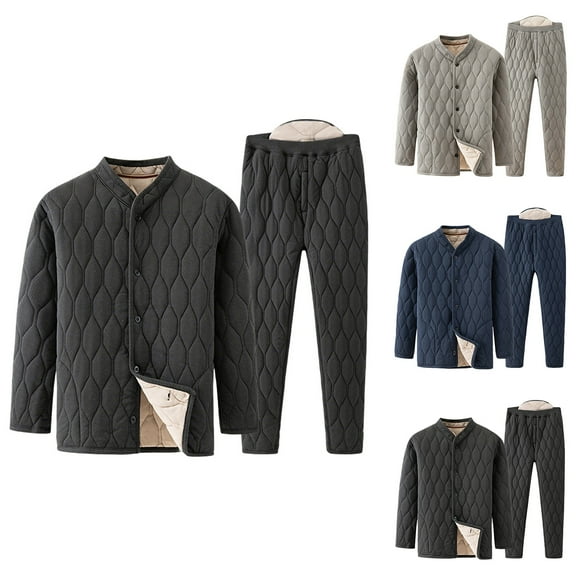 Mens Thermals Top And Bottom Set Quilted Puff Lounge Sets for Men Button Down Crewneck Warm Jackets and Long Pants 2025 Fall Winter Outfits Sweat Sets