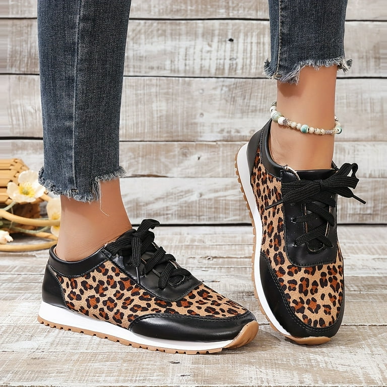 FLTHDD Women's Leopard Print Sneakers Casual Lace Up Outdoor Shoes