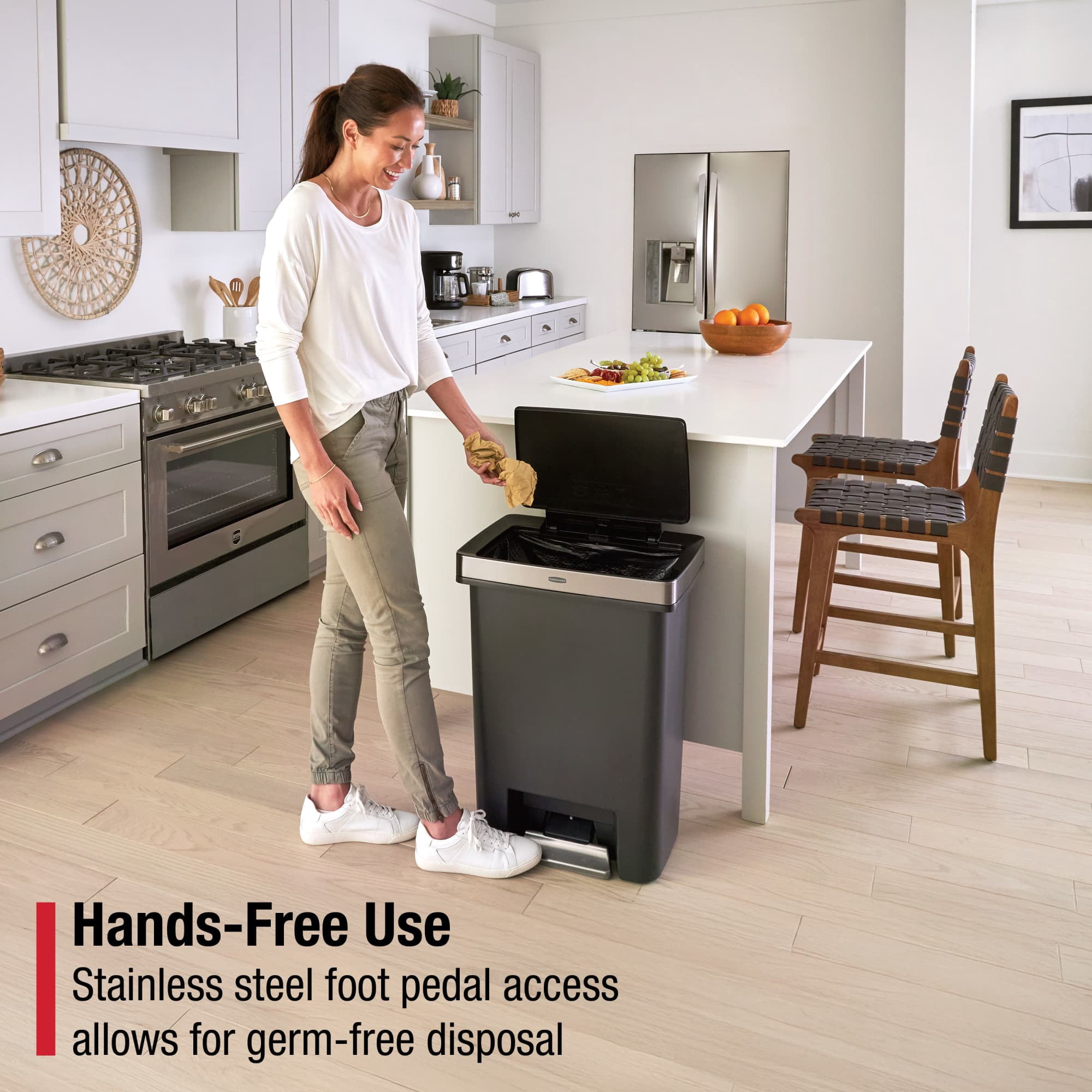 Rubbermaid Kitchen Trash Can, 19 Gallon Stainless Steel Dual Compartment Step Garbage Bin, Charcoal