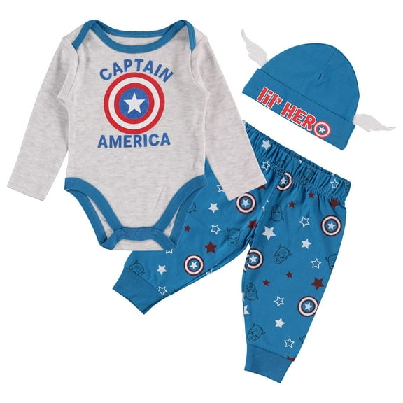 CAPTAIN AMERICA Marvel Baby Boys Clothing 3-Piece Set with Baby Bodysuit, Pants, and Hat - Newborn Boy Outfits Grey/Blue/Red, 0-3 Months