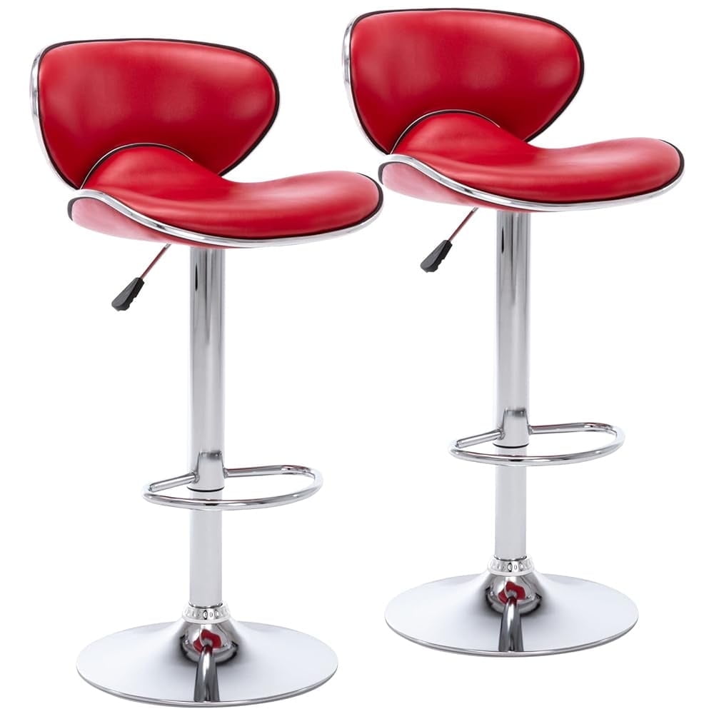 Adjustable Swivel Bar Stools Set of 2 , Modern PU Leather Upholstered Bar Chairs with Chrome Base for Kitchen Island, Dining Room, Pub, Counter (Red)