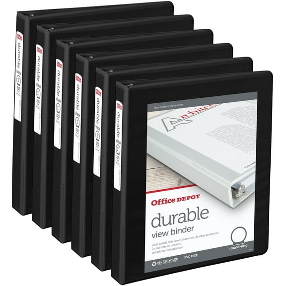 Office Depot® Brand Durable Round-Ring View Binders, 1" Rings, Black, Pack Of 6 Binders