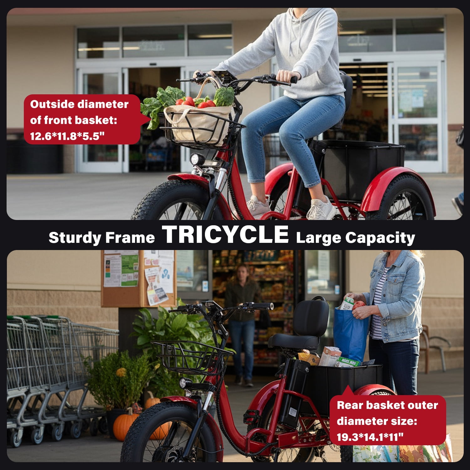 BROOBEY 20" Folding Electric Trike for Adults – 500W Motor, 48V 15Ah Long Range Battery, Fat Tire 3-Wheel E-Bike with Cargo Basket, Step-Thru Cruiser for Seniors, Men & Women, Red