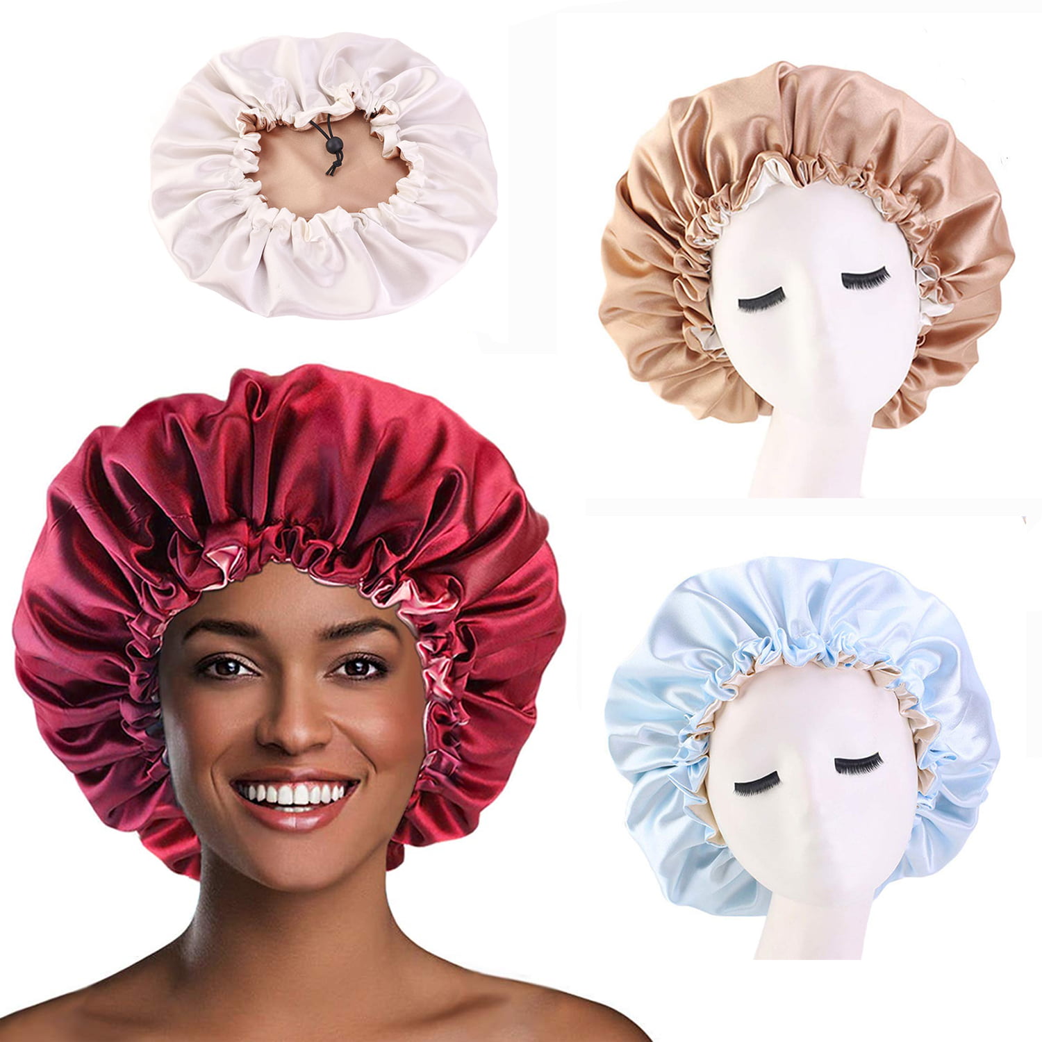 Satin bonnet for Curly Natural Hair, Double Layer Reversible Silk Hair Cap  for Women Sleeping 