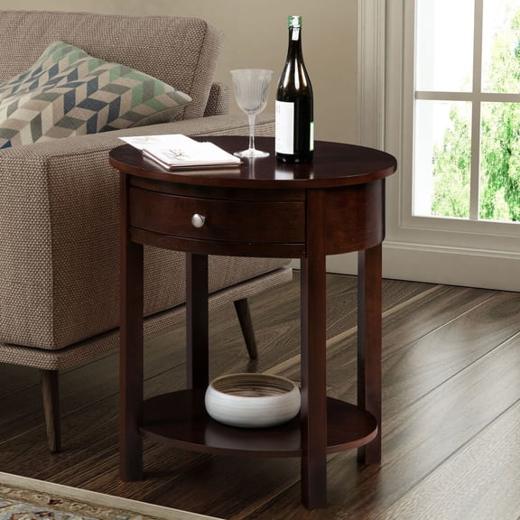 Maykoosh Oval End Table with Drawer & Shelf - Solid Wood Accent Table