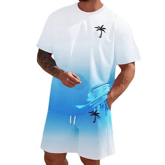 Glisme Mens 2 Piece Sets Summer Outfits Gradient Print Short Sleeve T Shirt And Shorts Comfortable Casual Two Piece Outfit Leisure Clothing Set White