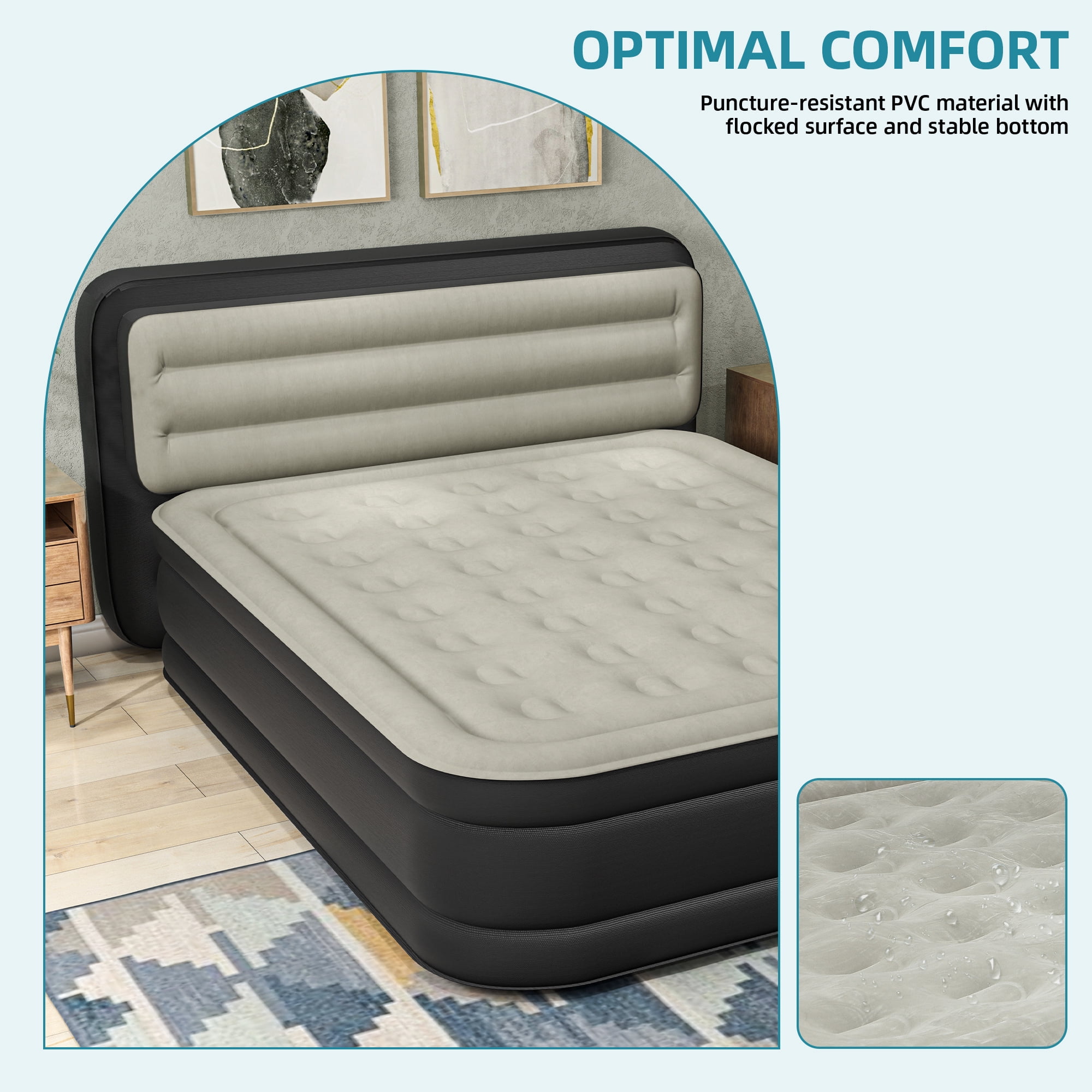 Uforic 18" Queen Air Mattress with Banded Headboard, Flocked Top Inflatable Air Bed with Pump, Portable Blow Up Mattress for Home Camping Guests, Black