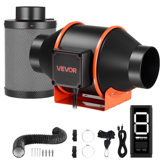 VEVOR Inline Duct Fan Kit with Carbon Filter, 205 CFM 4 inch EC Motor Ventilation Fan with 3-Speed Circulation, 10-Speed PWM Controller, Timer, Cooling for Grow Tents, Indoor Gardening, Hydroponics