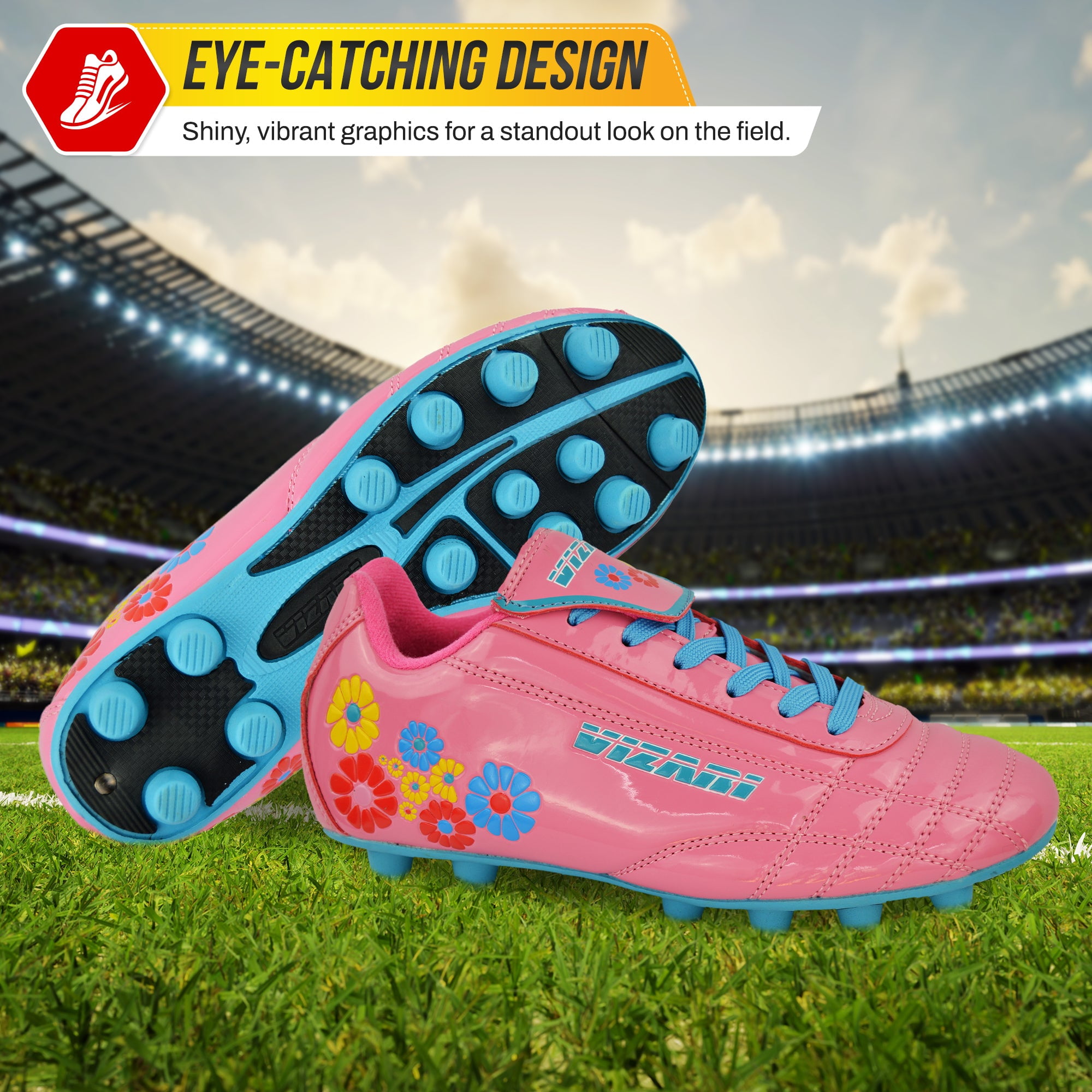 Vizari Blossom Soccer Cleats for Kids, Toddlers, and Youth – Comfortable and Durable Firm Ground Outdoor Shoes - Pink/Blue, 11