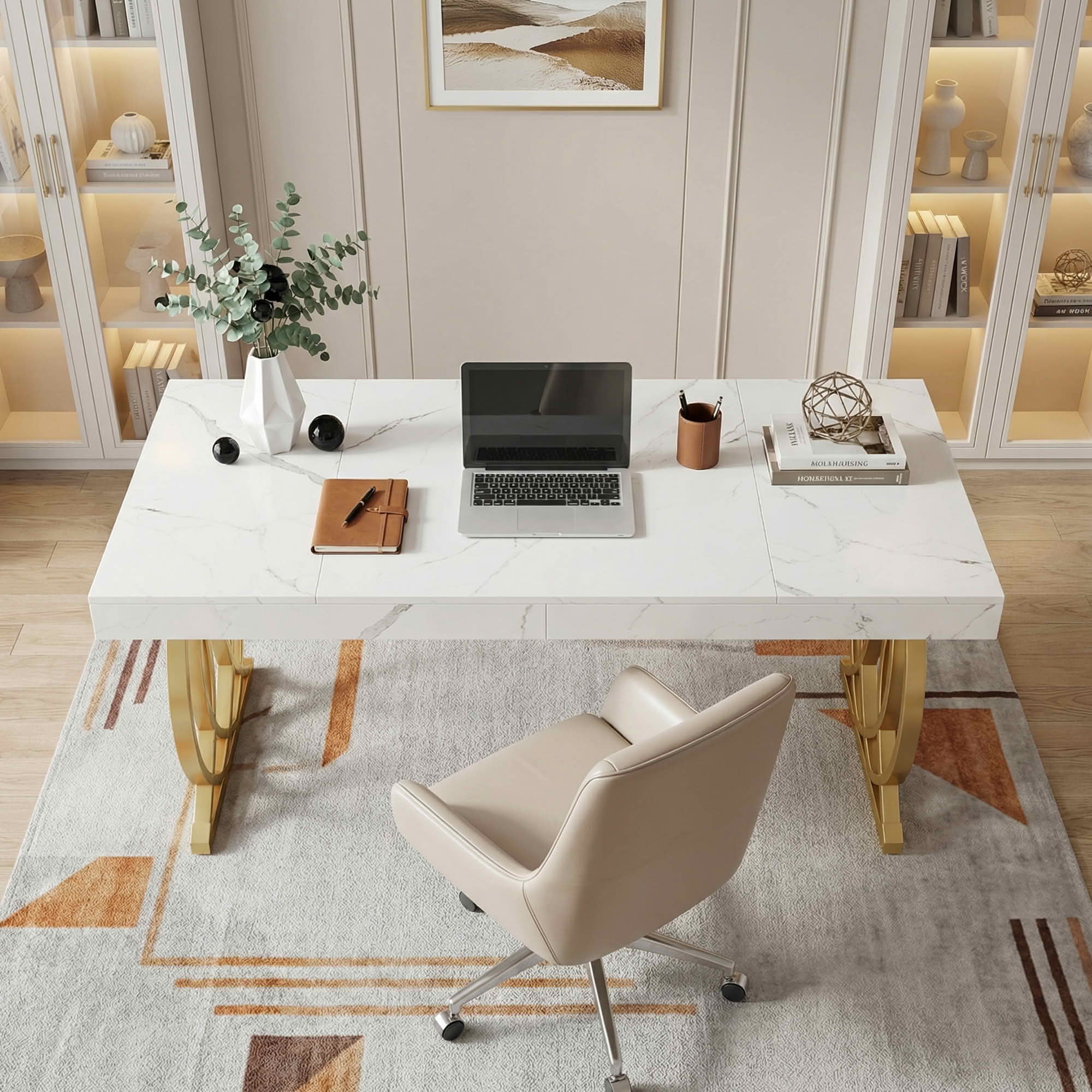 MAYEERTY 63 Inch Modern Rectangular Dining Table, White Faux Marble Kitchen Dinner Table with Gold Geometric Metal Legs for 4 to 6 People