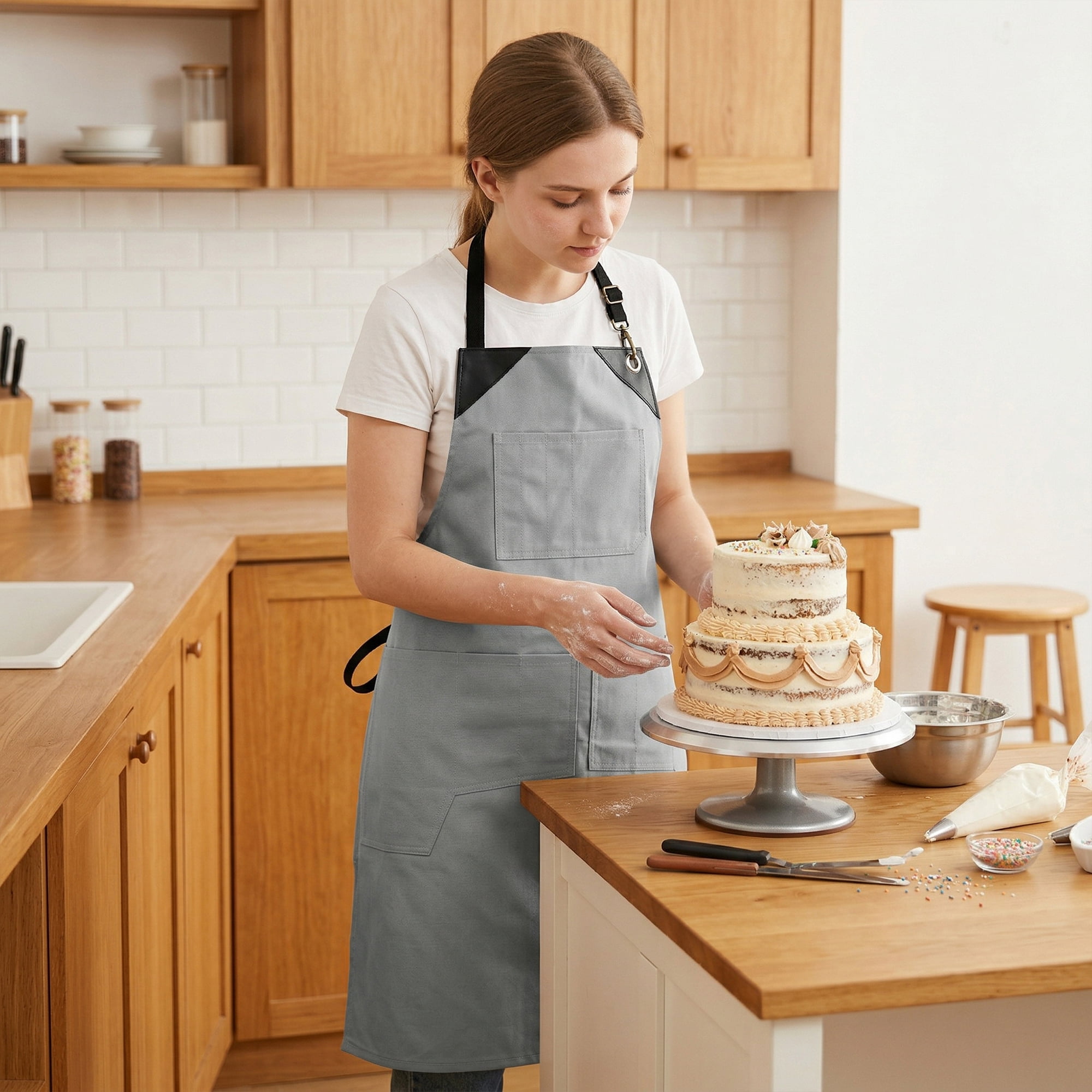 Unique Bargains Adjustable Long Waist Cooking Apron with Pocket for Home and Kitchen Gray