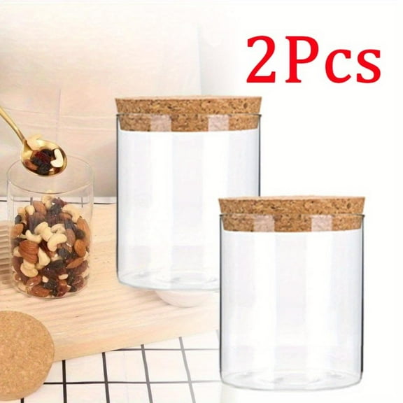 2PCS Glass Storage Container with Wood Cork Decorative Organizer Bottle Canister Jar Clear Glass Canisters with Air Tight Lids for Coffee Food Bathroom Apothecary