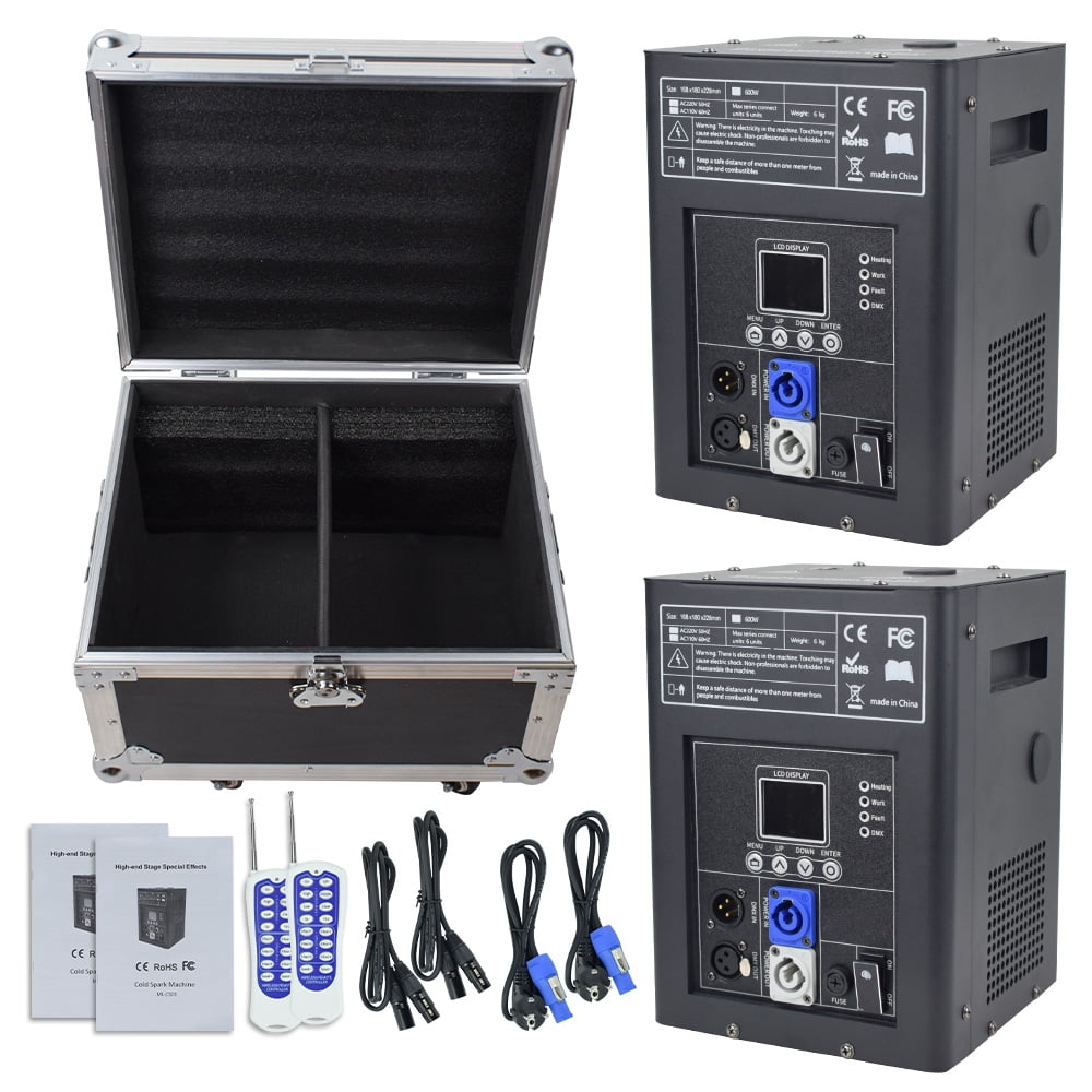 2Pack Cold Spark Machine DMX Firework Machine LCD Screen for Wedding Stage Party DJ Disco, Black with Road Case