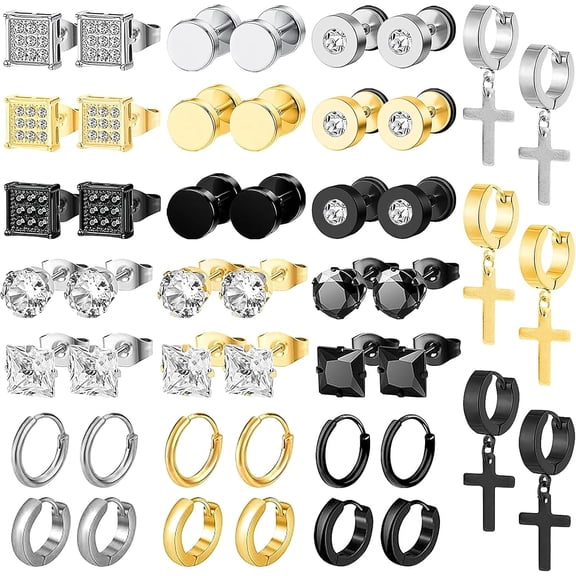 24 Pairs Stainless Steel Earrings for Men, Hypoallergenic Studs Hoop Cross Dangle Earrings Unisex Punk Earring