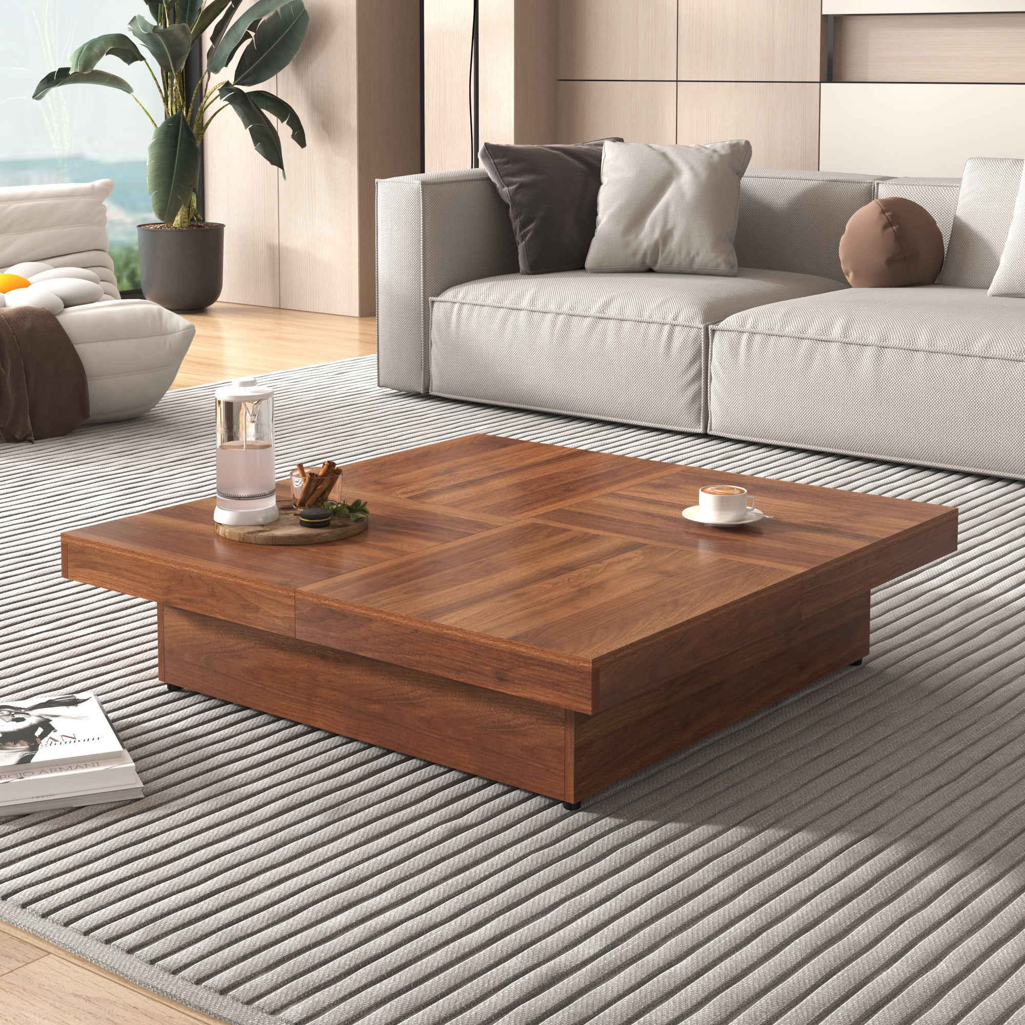 PORKISS Square Coffee Table, Modern Coffee Table with Sliding Top and Storage Space, Cocktail Table with Storage and Grain Veneer Finish, Freestanding Storage Coffee Table for Living Room, Walnut