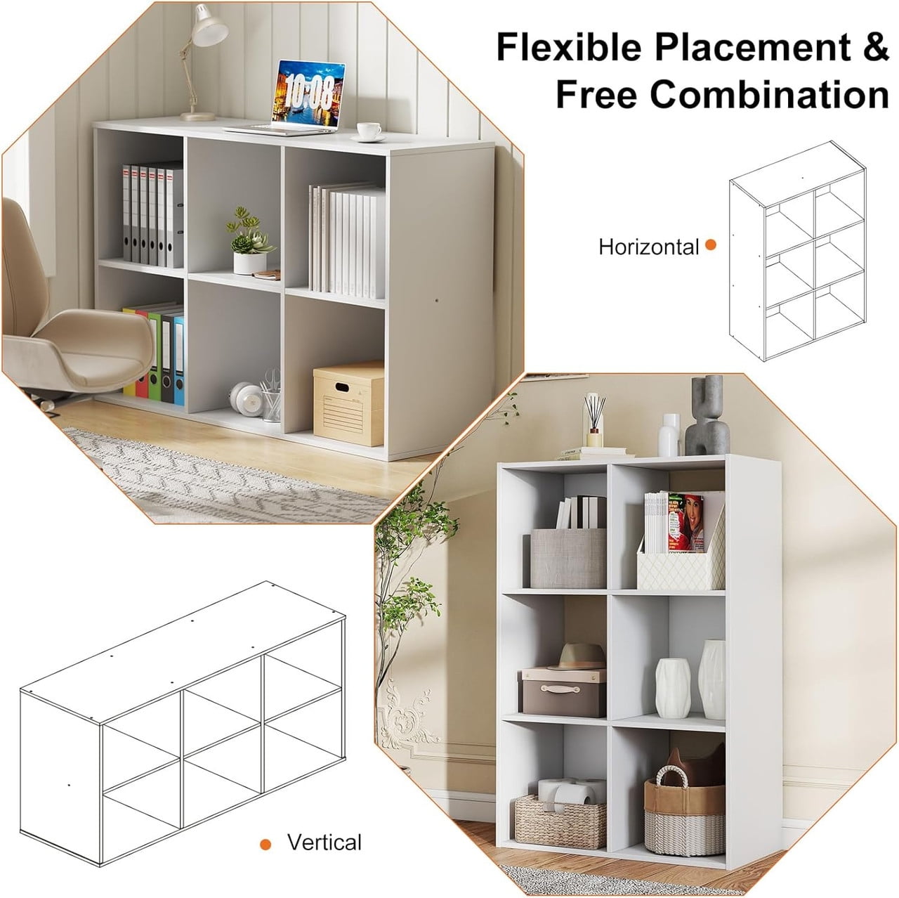 Sybels Cube Storage Shelf, 6-Cube Bookshelf with Removable Dividers，a Versatile Organizer , suitable for living rooms, home offices, and bedrooms, White