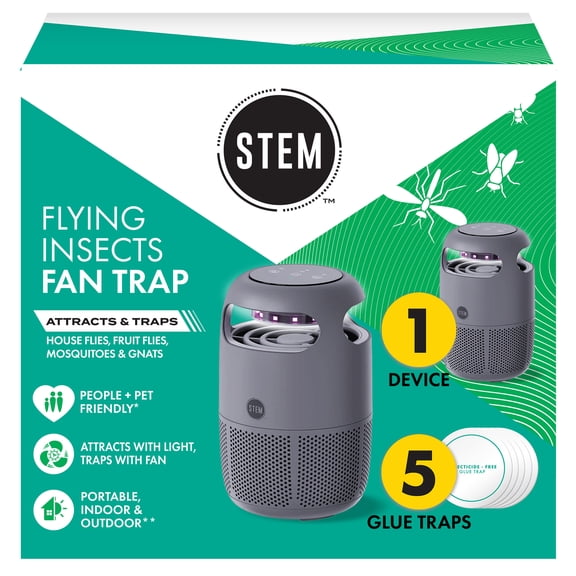 STEM Flying Insect Fan Trap for Indoor Bug Control, Plug-In Fan with UV Light, Starter Kit Includes 1 Device and 5 Glue Traps