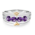 thumbnail image 2 of 925 Sterling Silver and 10K Yellow Gold Purple Amethyst and White Lab Grown Diamond 4-Stone Wedding Band Ring for Women (1.05 Cttw, Gemstone February Birthstone, Available in Size 5, 6, 7, 8, 9), 2 of 4