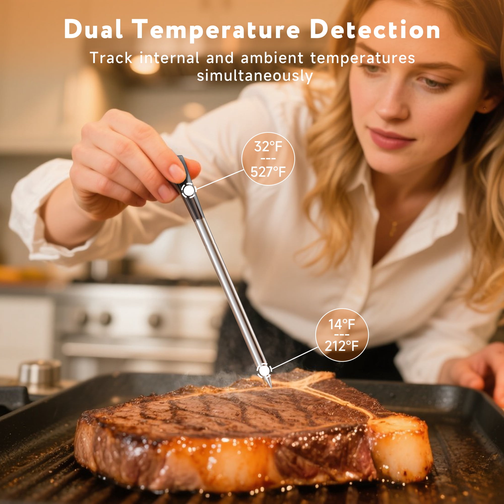Smart Wireless Meat Thermometer with 500FT Bluetooth Range, App Remote Monitoring, Time Reminder, for Cooking, Baking, Oven, Grill and More