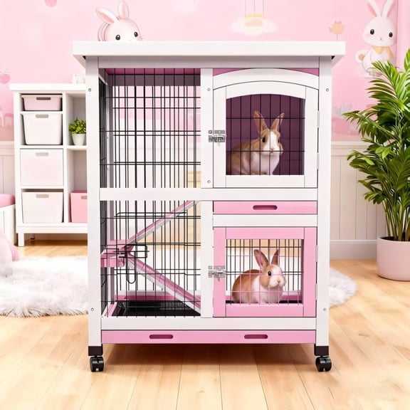 2-Story Rabbit Hutch with Wheels & Pull-Out Tray - Wooden Bunny Guinea Pig House