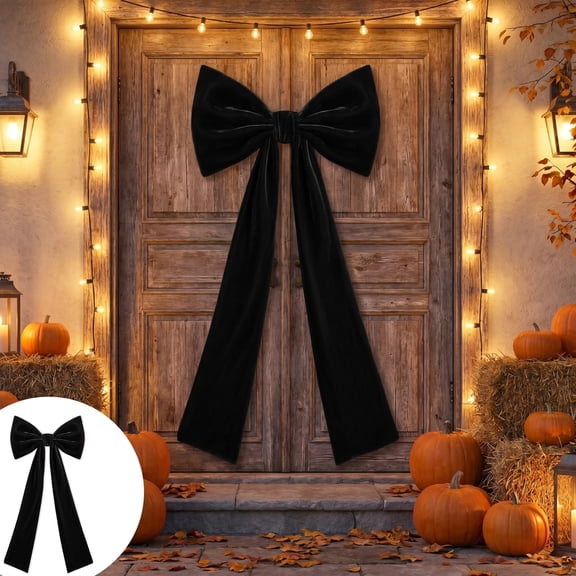71in Large Black Velvet Bow Halloween Decor, Waterproof Fabric Gothic Door Wreath Sash, Indoor Outdoor Front Door Porch Mantel Fence Ornament for Halloween Party Farmhouse Spooky Holiday Decor