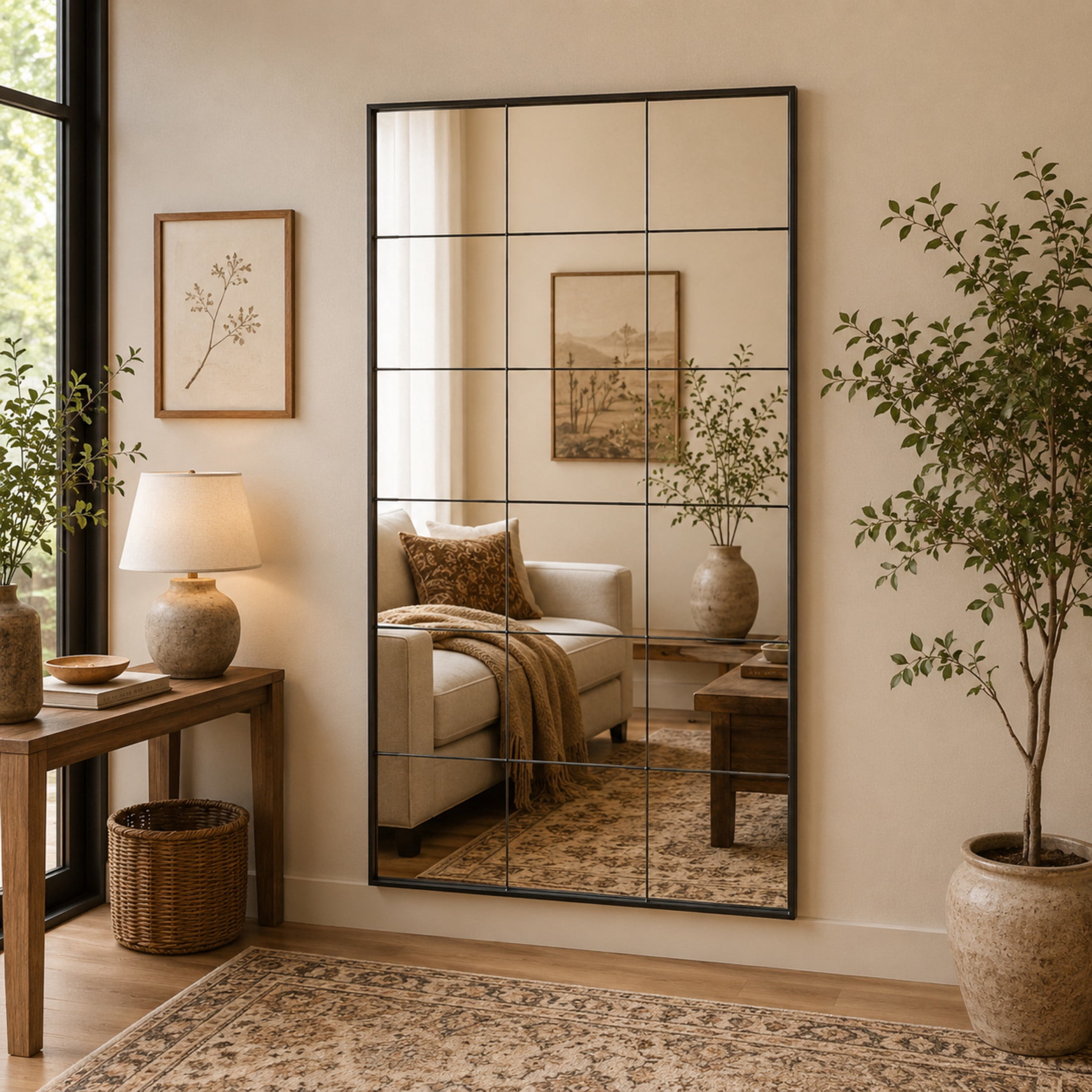 DecMode 39" x 79" Black Metal Window Pane Inspired Floor Mirror