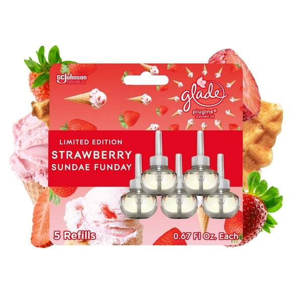 Glade PlugIns Scented Oil Refill, Strawberry Sundae Funday Scent, Infused with Essential Oils, Spring Limited Edition Fragrance, Positive Vibes Collection, 0.67 oz, 5 Count