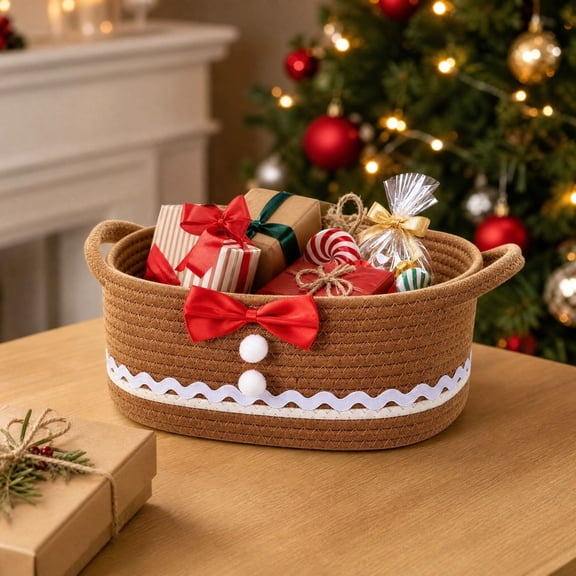 Neoargh Christmas Woven Basket, Gingerbread Man Woven Bin Basket Holiday Decorative for Xmas Gifts