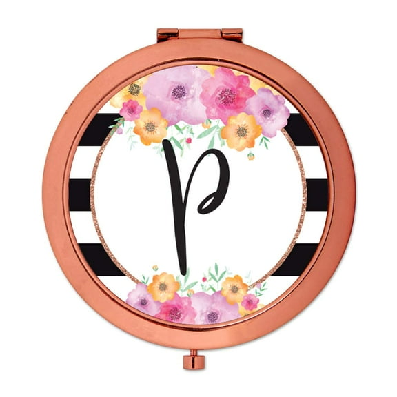 Koyal Wholesale Compact Mirror Bridesmaid's Wedding Gift, Rose Gold, Monogram Letter P, Modern Black White Stripes