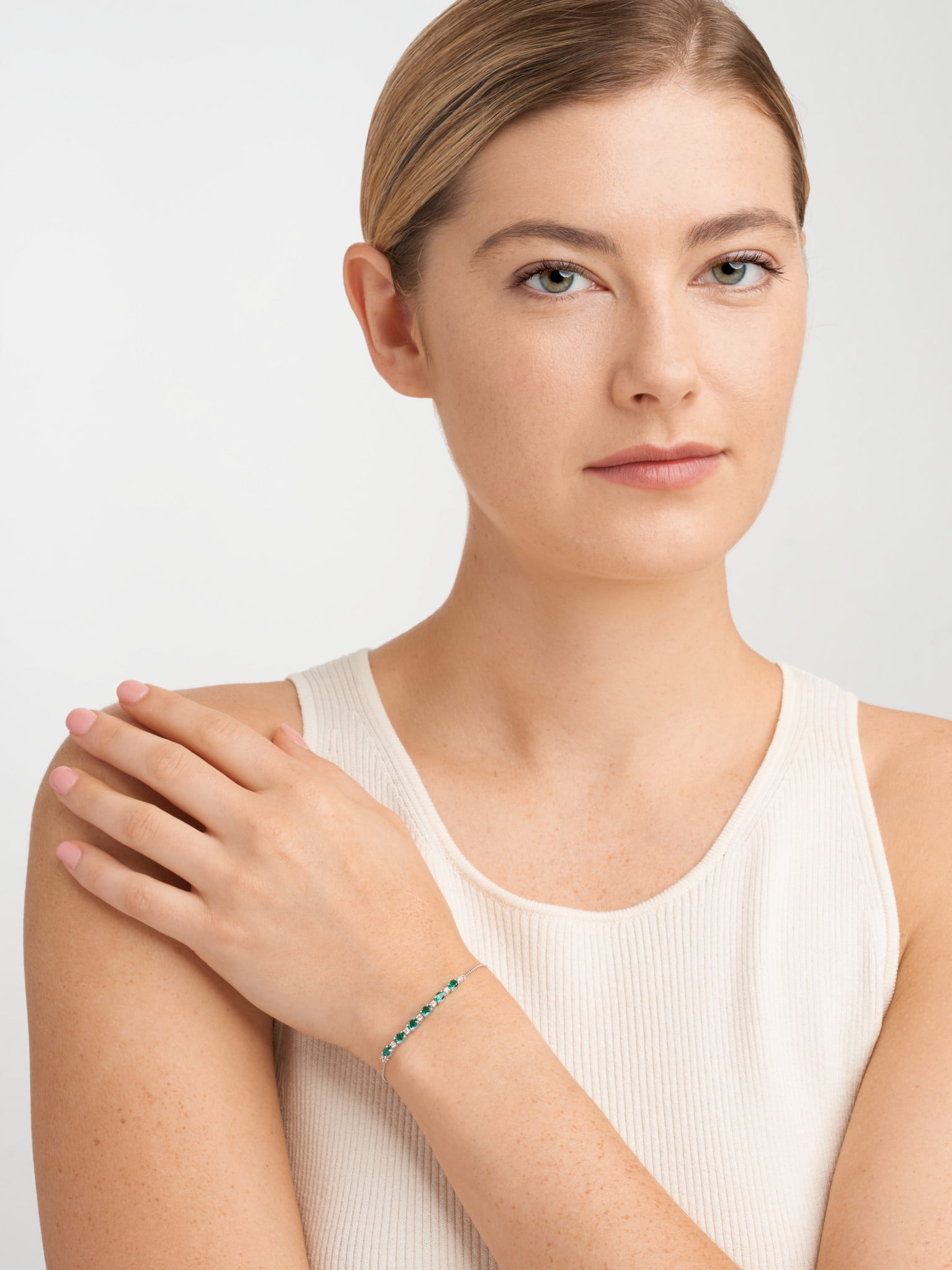 Forever Facets Lab Grown Diamond and Created Emerald Sterling Silver Bolo Bracelet, Adult Female