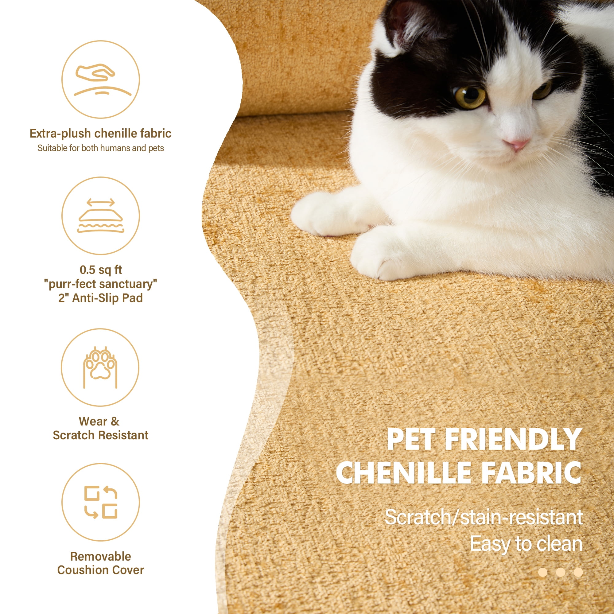 Aukfa Accent Chair with Cat Cave, Deep Seat Armchair with Storage, Chenille Pet Sofa, Yellow