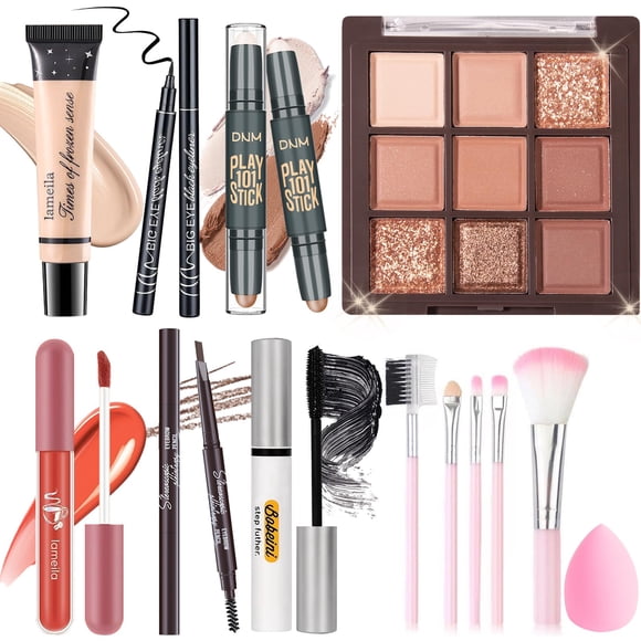 YBUETE Juego de maquillaje para mujeres, niñas y adolescentes, juego de regalo que incluye 9 colores de sombra de ojos, base en barra, lápiz de cejas, delineador de ojos, máscara, brillo de labios, 5