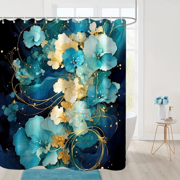 Blue Shower Curtain for Bathroom Teal Blue Yellow Flowers Shower Curtain Set with Hooks Abstract Navy Blue Black Bathtub Decor Waterproof Fabric Curtains-36"W x 72"L (Pack of 1)